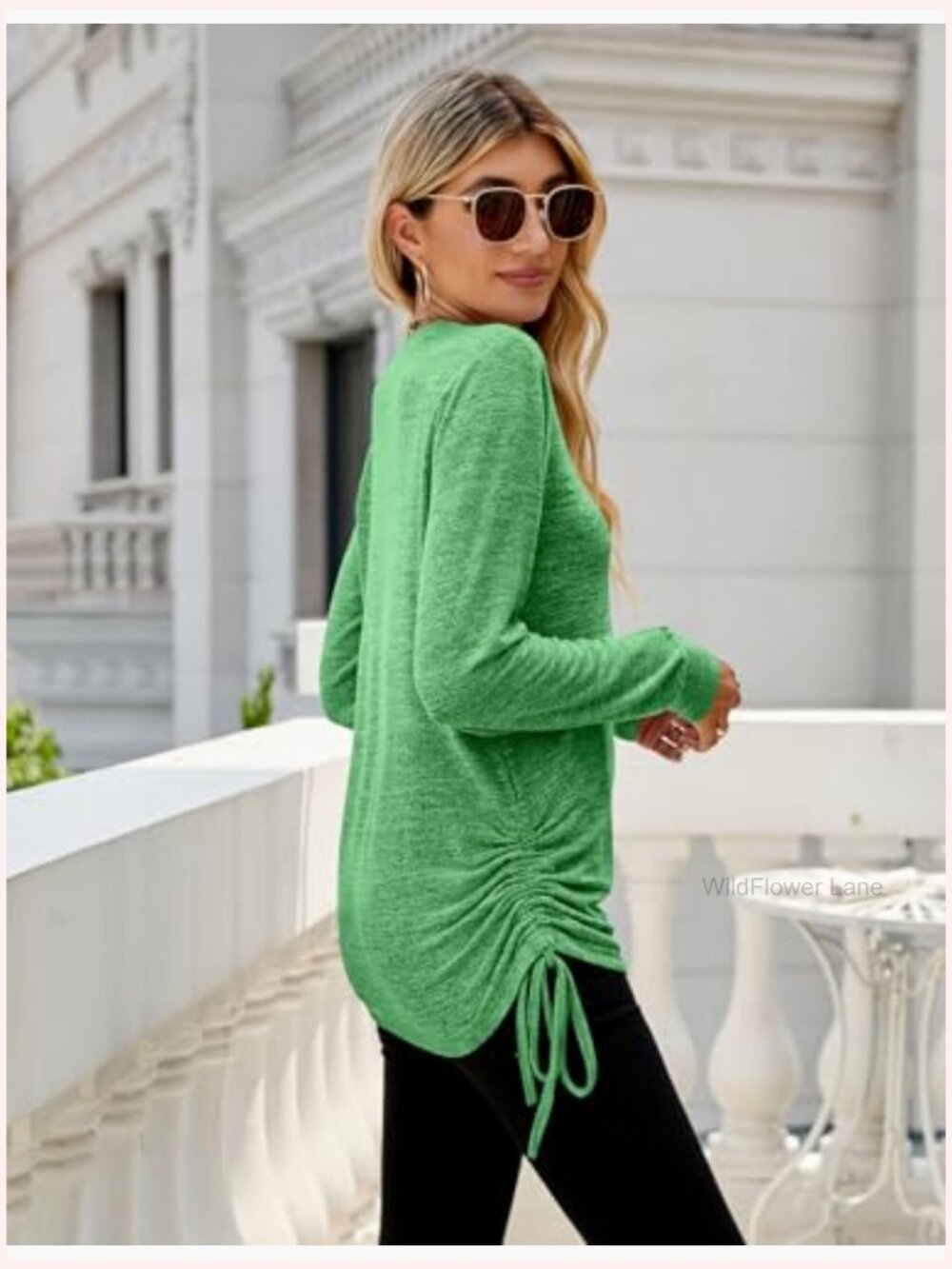 V Neck Drawstring Ruched Long Sleeve Tunic Blouse Pullover - Picture 2 of 6